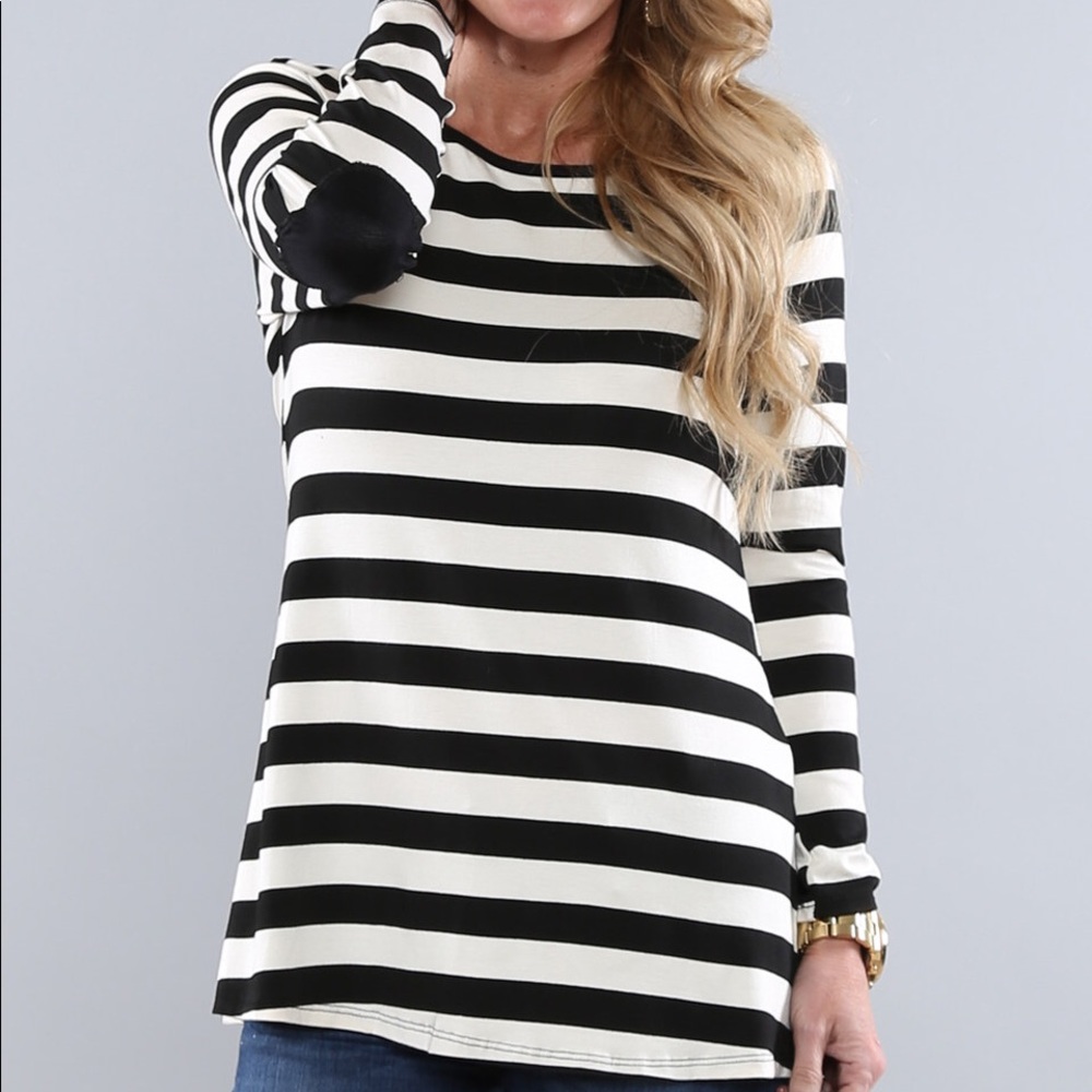 Black & White Stripe Elbow-Patch Button-Back Tunic